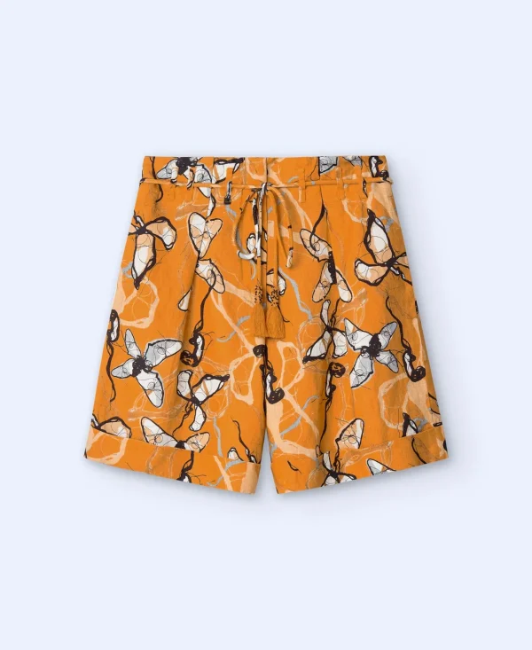 Adolfo Dominguez Pantalones>Bermuda Corta Estampada En Lino Naranja Estampado