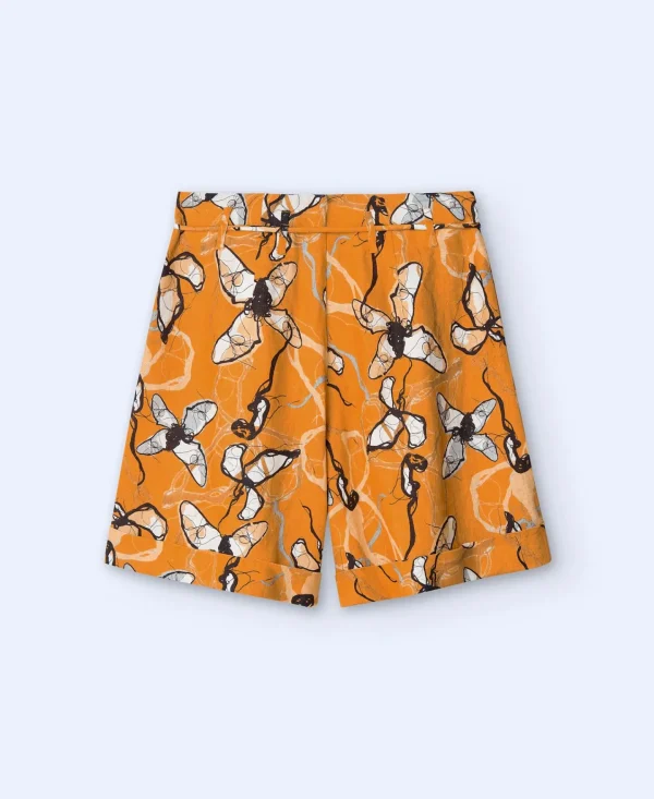 Adolfo Dominguez Pantalones>Bermuda Corta Estampada En Lino Naranja Estampado
