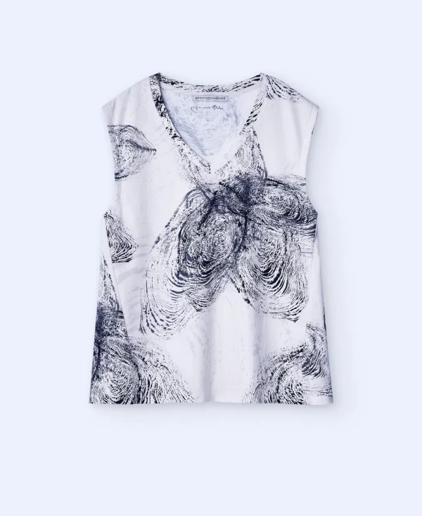 Adolfo Dominguez Camisetas>Blusa Sin Mangas Escote Pico Estampado Beige/Negro