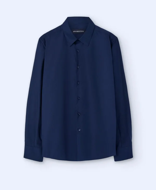 Adolfo Dominguez Camisas>Camisa Cuello Camisero En Algodon Azul Marino