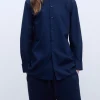 Adolfo Dominguez Camisas>Camisa Cuello Mao En Algodon Organico Azul Marino