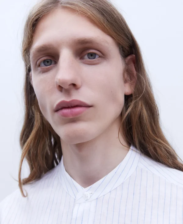 Adolfo Dominguez Camisas>Camisa Cuello Mao En Lino Europeo Rayas Blanco/Azul