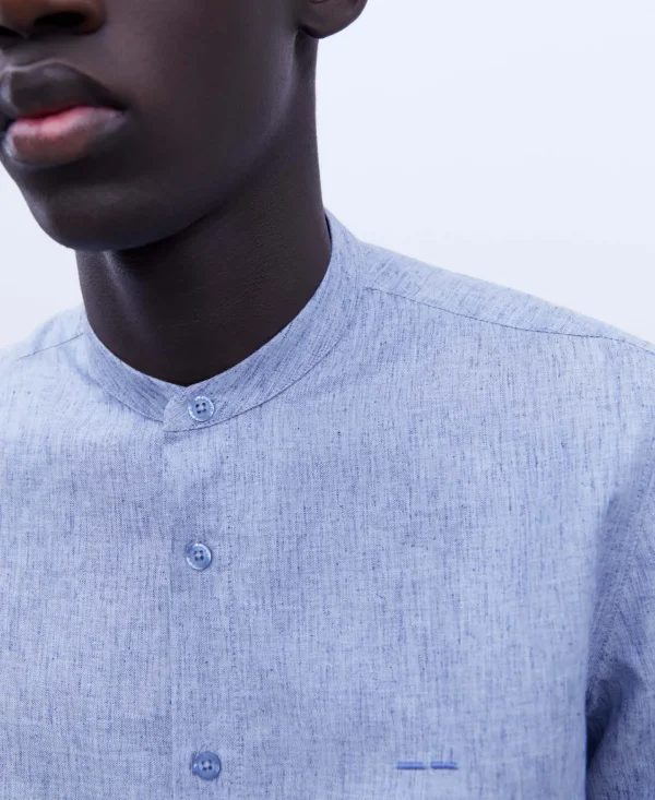 Adolfo Dominguez Camisas>Camisa Cuello Mao En Lyocell Y Lino Azul