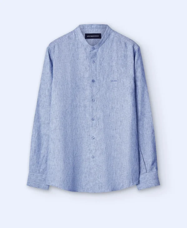 Adolfo Dominguez Camisas>Camisa Cuello Mao En Lyocell Y Lino Azul