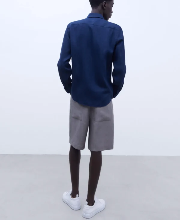 Adolfo Dominguez Camisas>Camisa Cuello Solapa En Lino Azulon