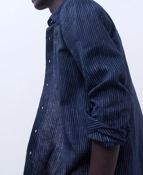 Adolfo Dominguez Camisas>Camisa Rayas En Lino Responsable Europeo Azul Rayas