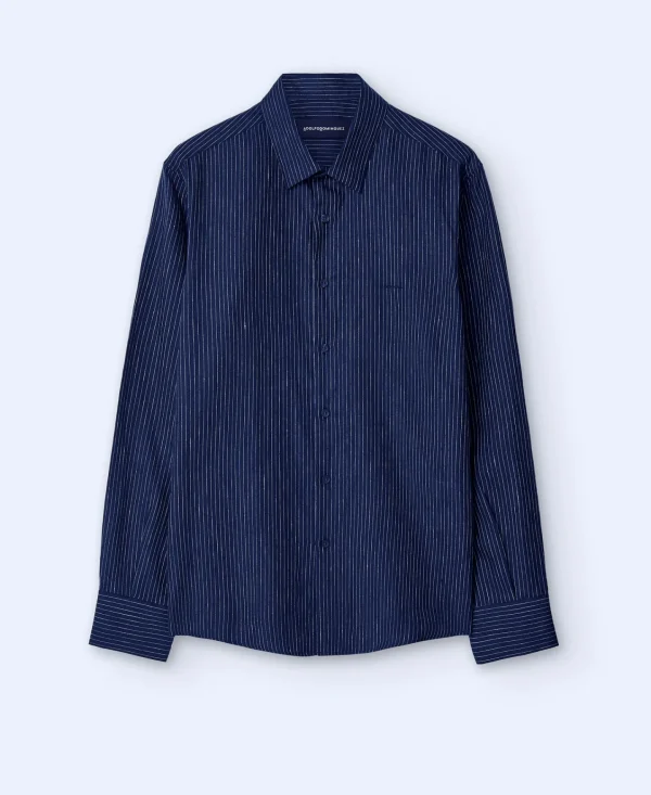 Adolfo Dominguez Camisas>Camisa Rayas En Lino Responsable Europeo Azul Rayas