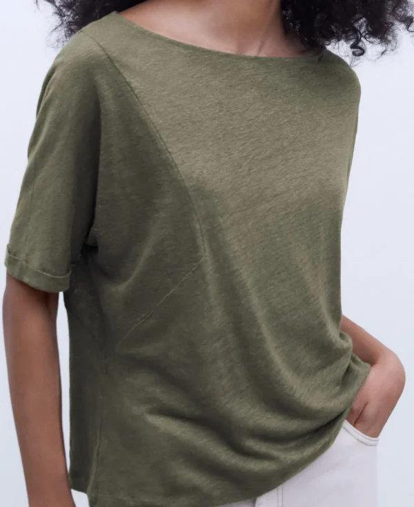 Adolfo Dominguez Camisetas>Camiseta Cuello Barco En Lino Verde Oscuro