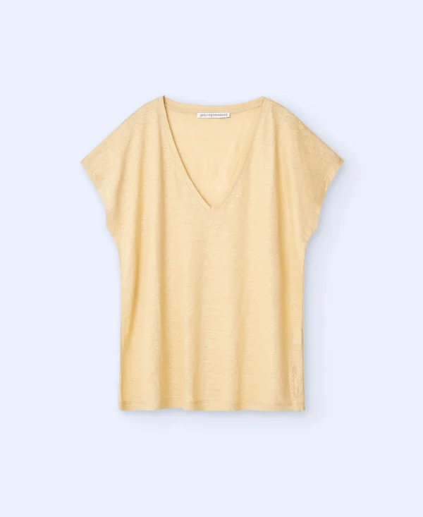 Adolfo Dominguez Camisetas>Camiseta En Lino Con Cuello Pico Amarillo Claro