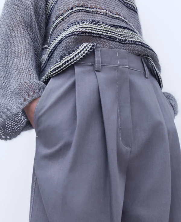 Adolfo Dominguez Pantalones>Pantalon Ancho En Tejido De Algodon Gris