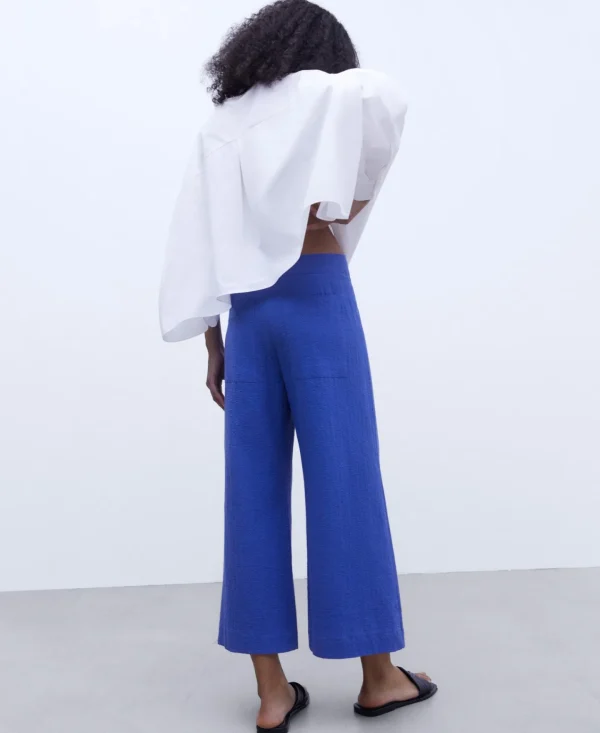 Adolfo Dominguez Pantalones>Pantalon Corte Ancho En Algodon Azul