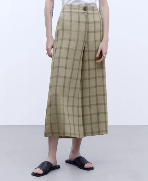 Adolfo Dominguez Pantalones>Pantalon Palazzo Cuadro Ventana En Lino Verde Cuadros