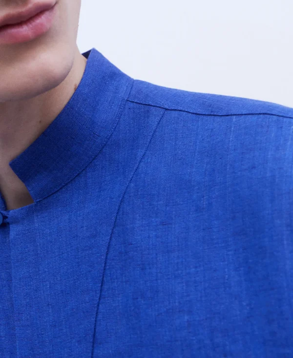 Adolfo Dominguez Abrigos Y Chaquetas>Sobrecamisa Cuello Bowling En Lino Indigo