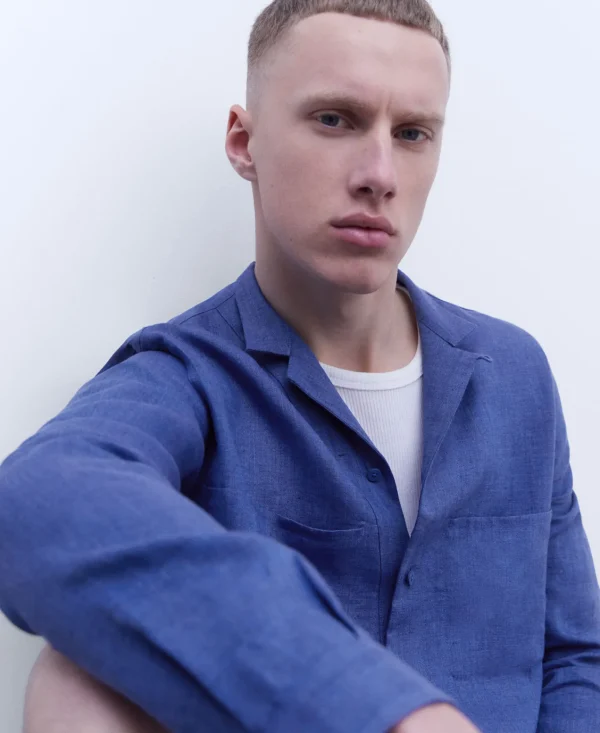 Adolfo Dominguez Abrigos Y Chaquetas>Sobrecamisa Cuello Bowling En Lino Indigo